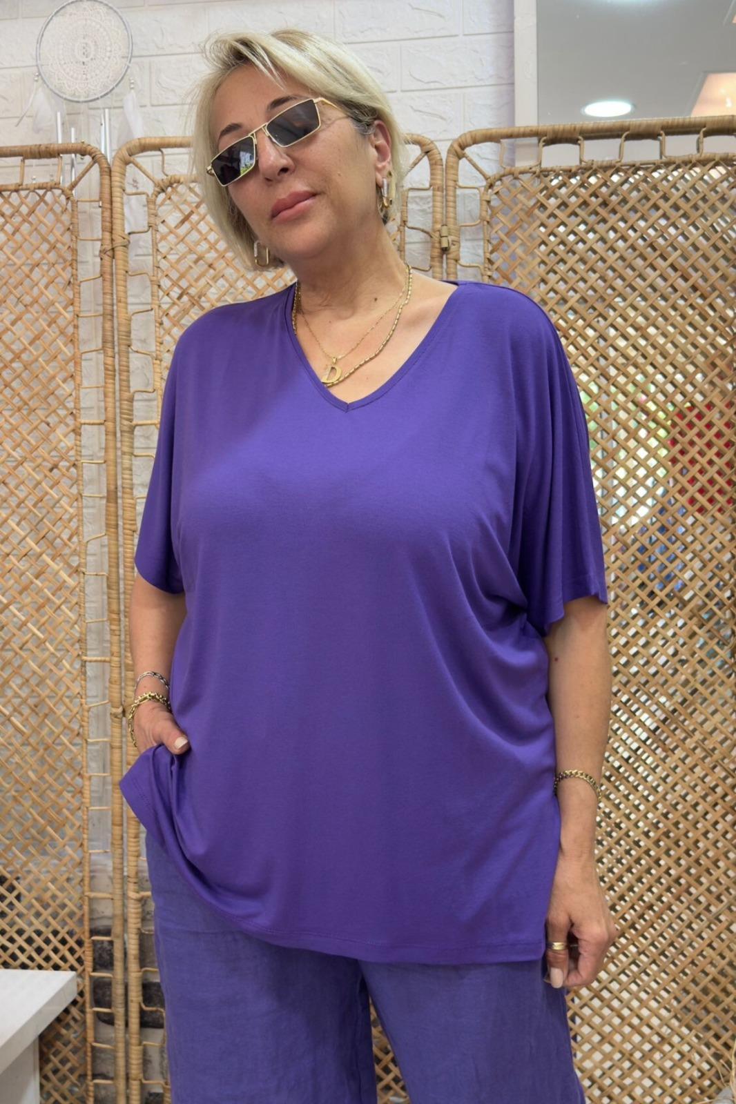 V Yaka Basic Bluz Koyu Mor