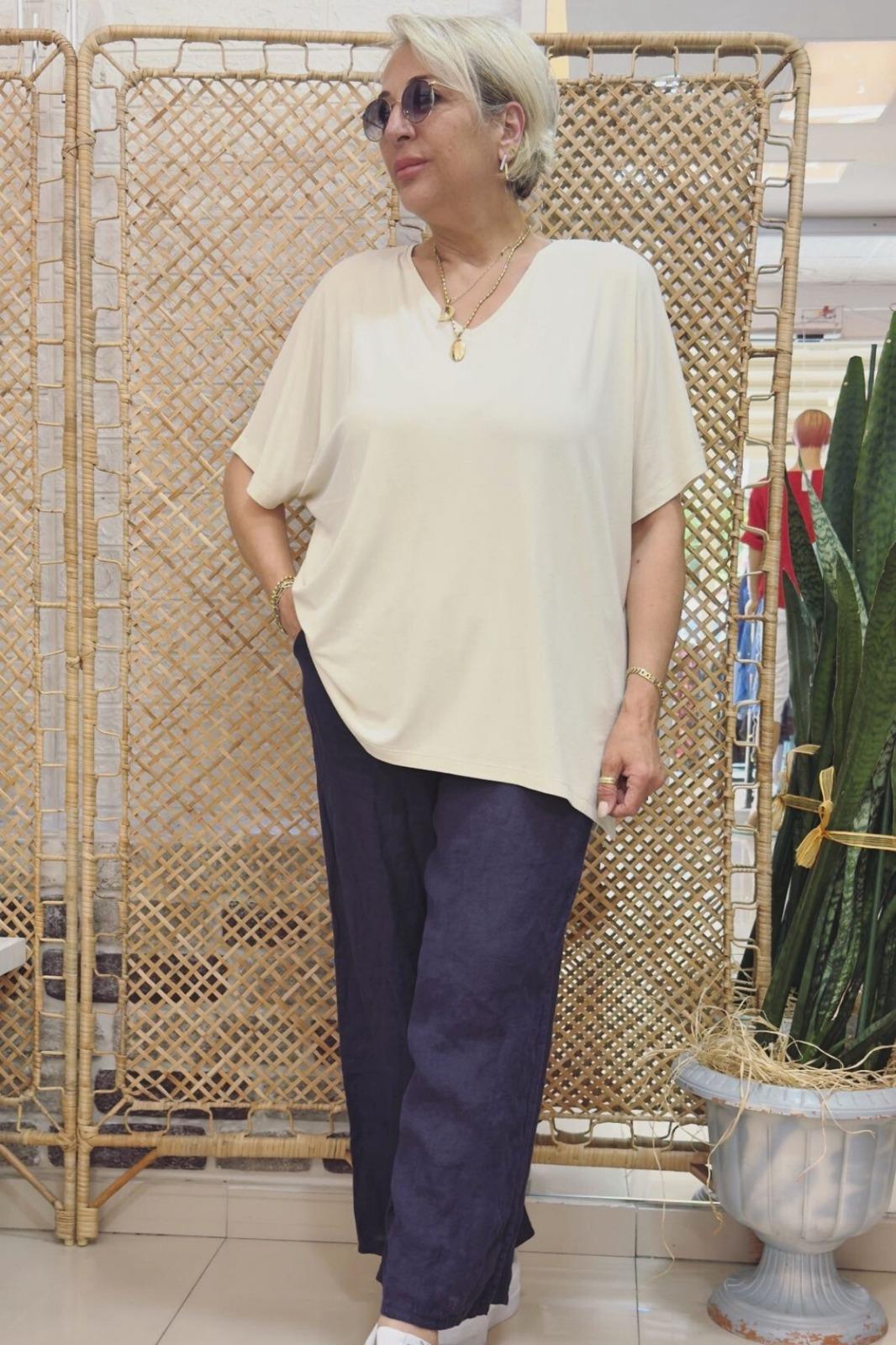 V Yaka Basic Bluz Krem