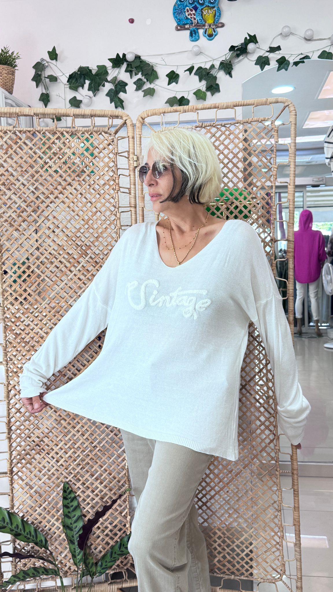 Vintage Merserize V Yaka Bluz Krem