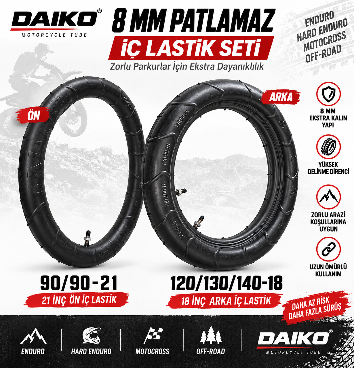 120/130/140-18 --90-90-21 Daiko 8 Mm ön-Arka patlamaz İç Lastik
