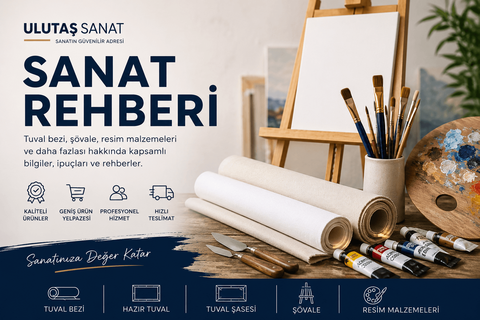 Ulutaş Sanat blog kapak görseli - Tuval bezi,şövale ve resim malzemeleri rehberi