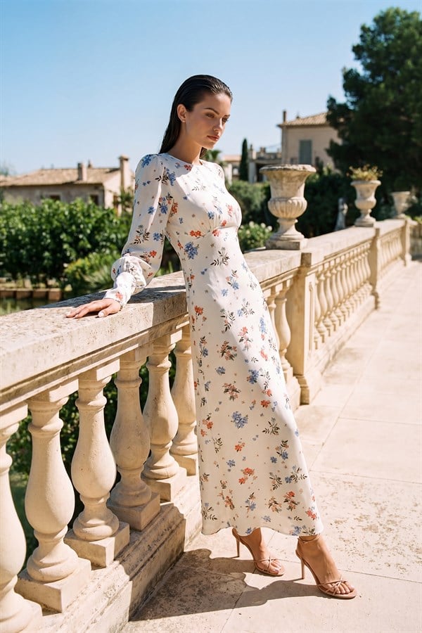 Krem Omuz Ve Dikiş Detaylı Uzun Kollu Desenli Elbise