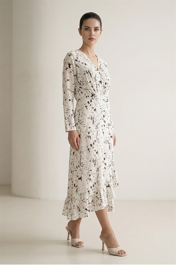 Krem - Acı Kahve Yaka Bel Ve Etek Detaylı Uzun Kollu Midi Elbise