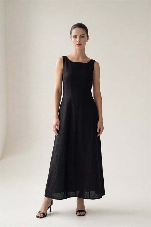 Siyah %100 Keten Yaka Ve Bel Detaylı Rahat Kesim Elbise