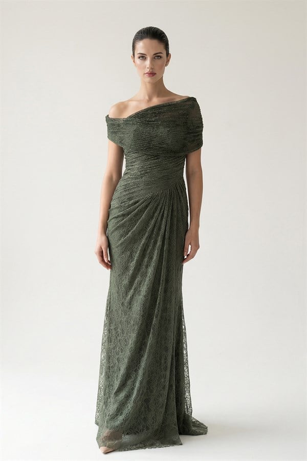 Haki Omuz Ve Bel Detaylı Tam Kalıp Maksi Boy Abiye Elbise