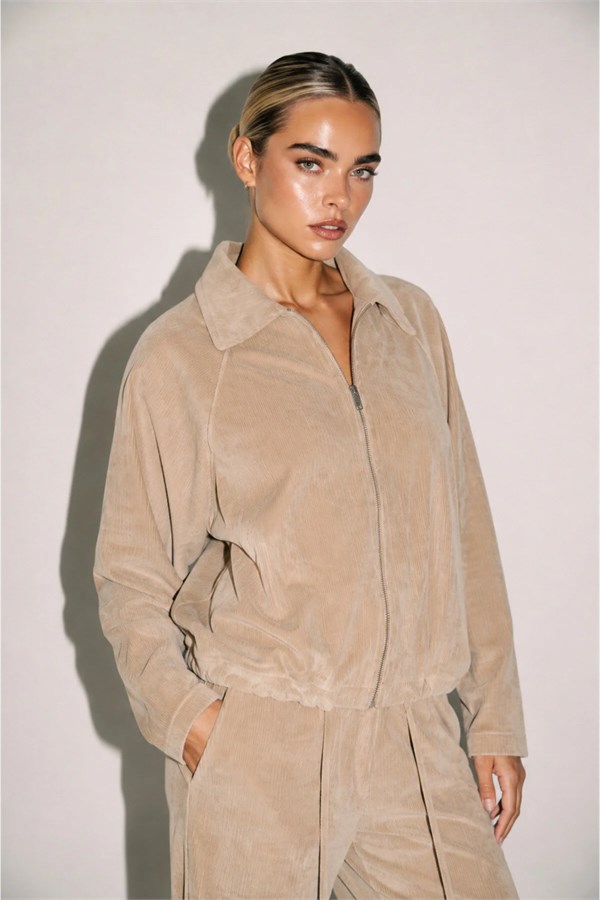 Sütlü Kahve Amia&Co Fermuarlı Kadife Sweatshirt Ve Bol Kesim Eşofman Takımı