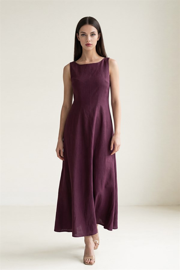 Bordo %100 Keten Yaka Ve Bel Detaylı Rahat Kesim Elbise