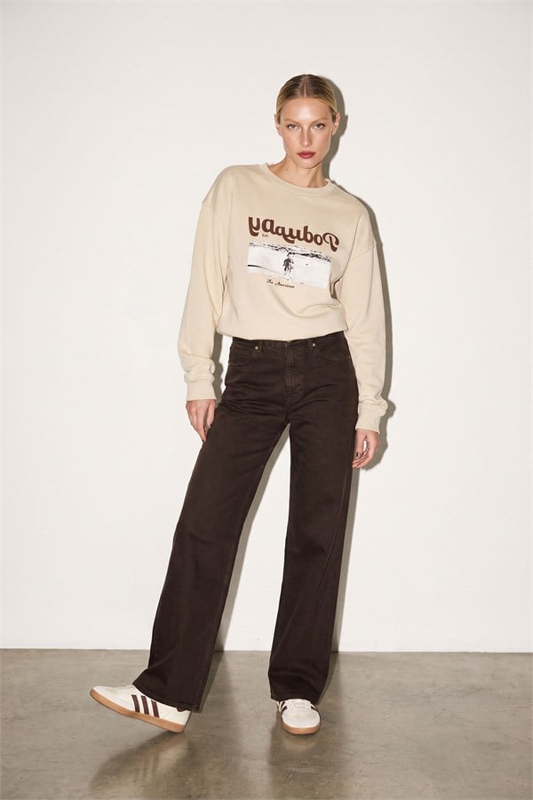 Bej Amia&Co Bisiklet Yaka Baskı Detaylı Oversize Sweatshirt
