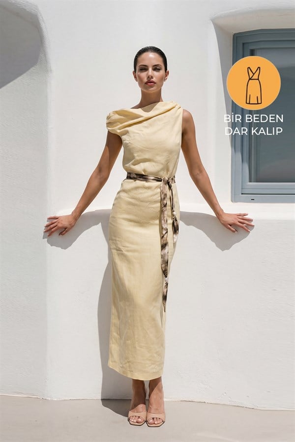 Tereyağ Sarısı %100 Keten Omuz Ve Bel Detaylı Elbise