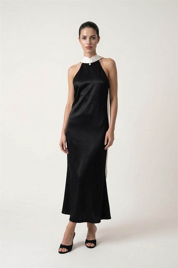 Siyah-Ekru Boyun Detaylı Kolsuz Elbise