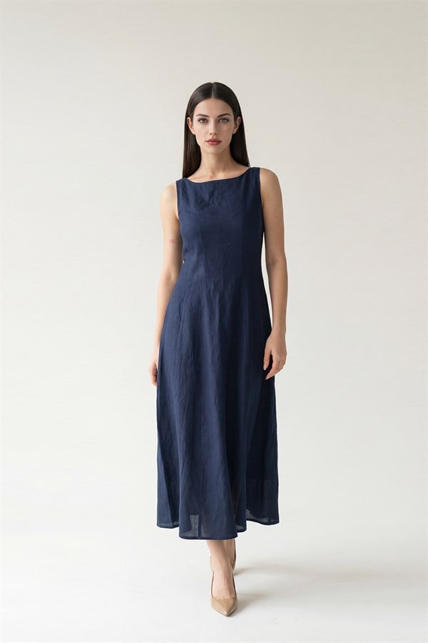 Lacivert %100 Keten Yaka Ve Bel Detaylı Rahat Kesim Elbise