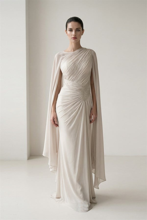 Taş Kol Detaylı Tam Kalıp Maksi Boy Abiye Elbise