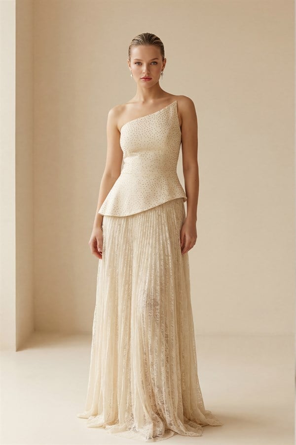 Bej Belden Oturtmalı Yaka Ve Etek Detaylı Maksi Boy Abiye Elbise