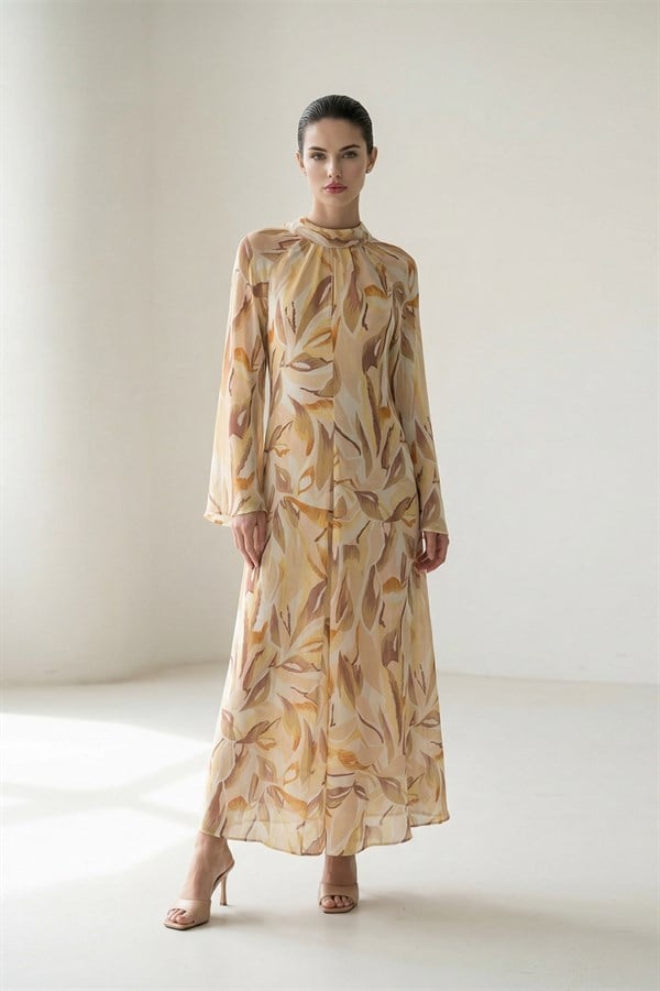 Turuncu Yaka Ve Kol Detaylı Desenli Elbise