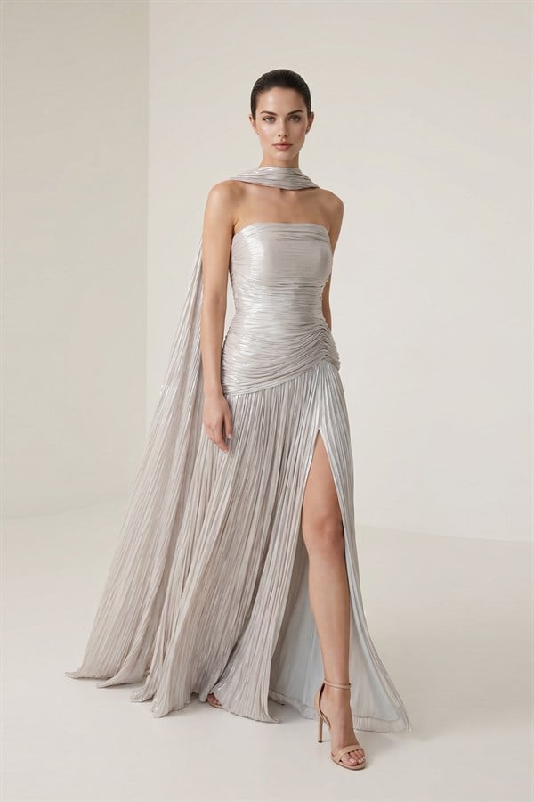 Taş Straplez Şal Ve Bel Detaylı Maksi Boy Abiye Elbise