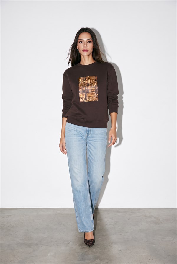 Kahve Amia&Co Bisiklet Yaka Oversize Baskı Detaylı Sweatshirt