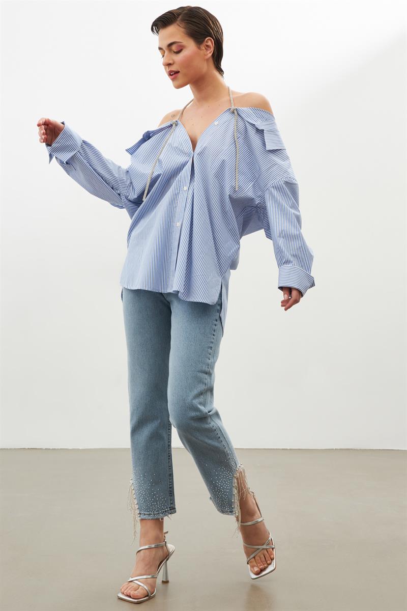 Ekru-Mavi Cep Detaylı Tunik Gömlek Kadın Tunik modelleri