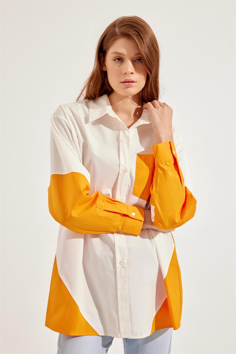 Ekru-Oranj Uzun Kol Cep Detaylı Tunik Gömlek  Kadın Tunik modelleri