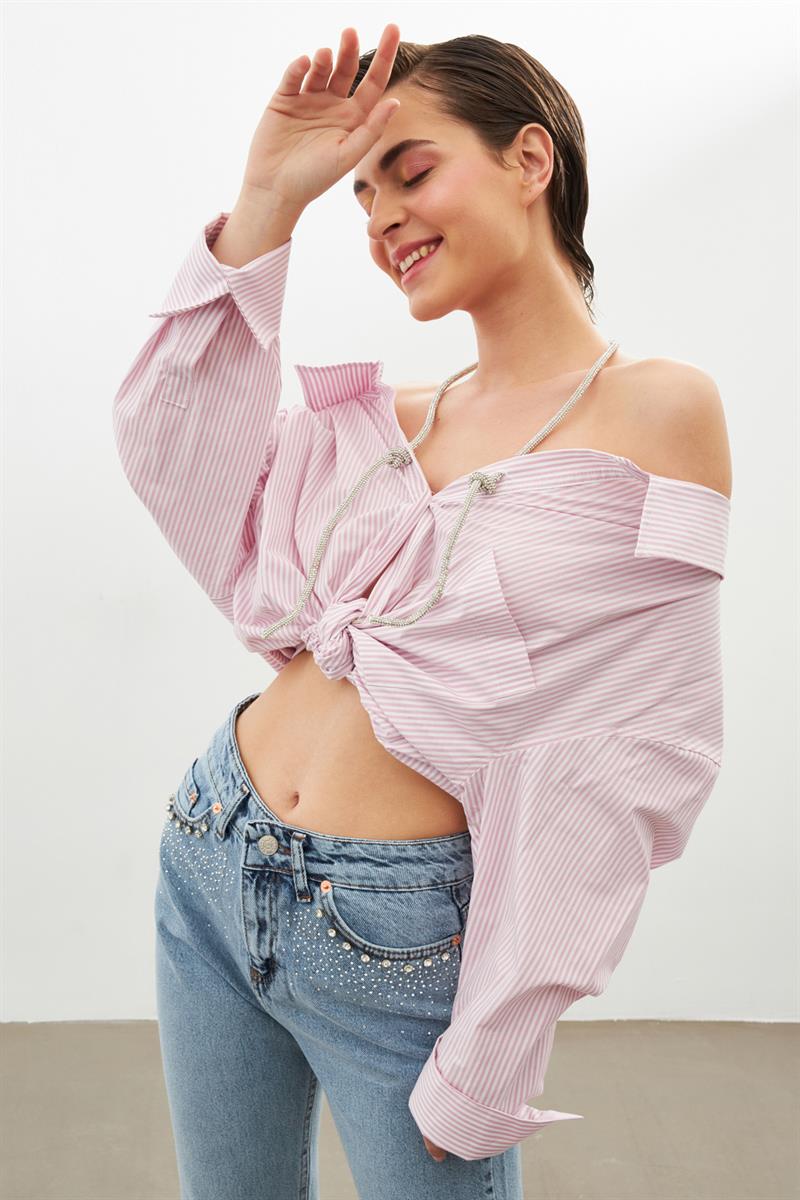 Ekru-Pembe Cep Detaylı Tunik Gömlek Kadın Tunik modelleri