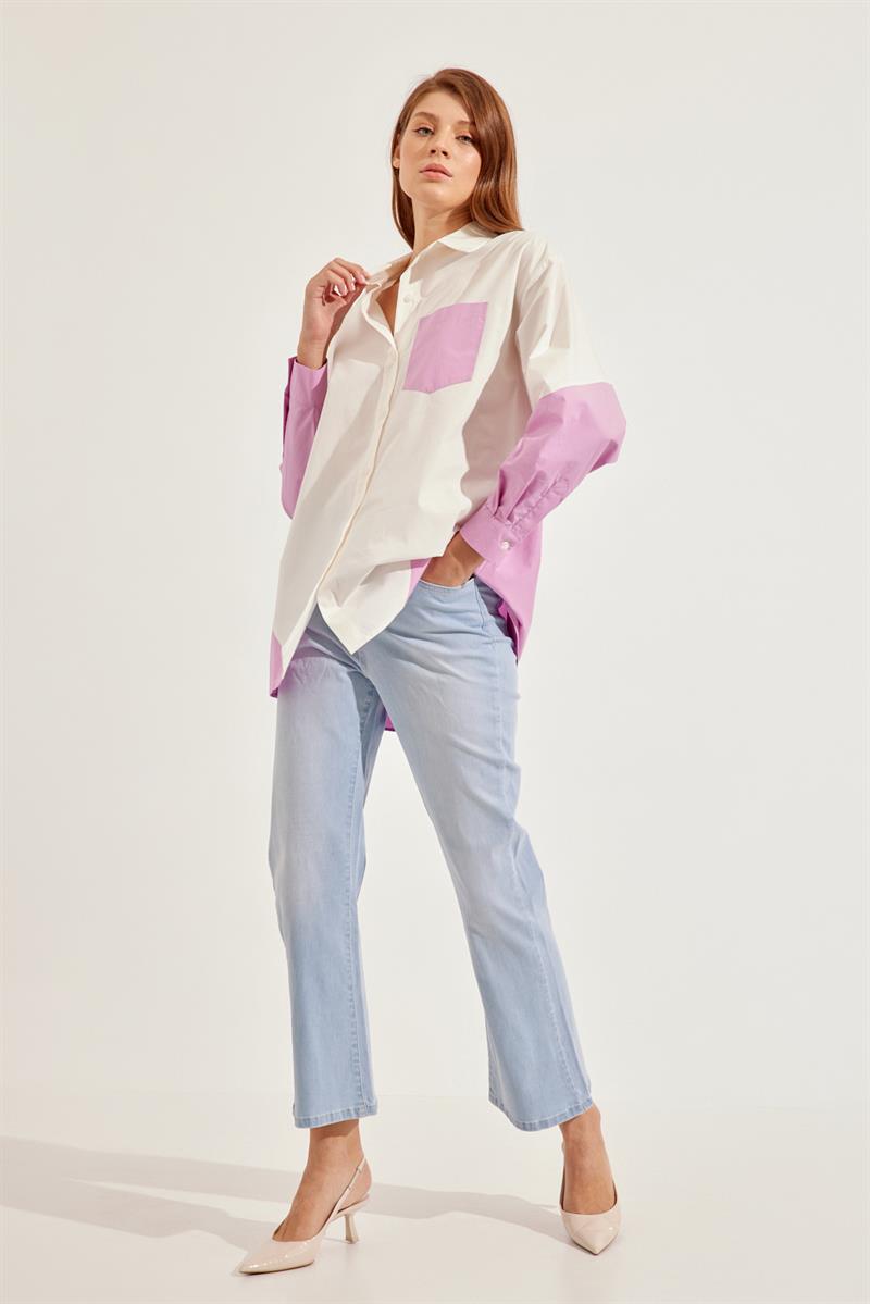 Ekru-Pembe Uzun Kol Cep Detaylı Tunik Gömlek  Kadın Tunik modelleri
