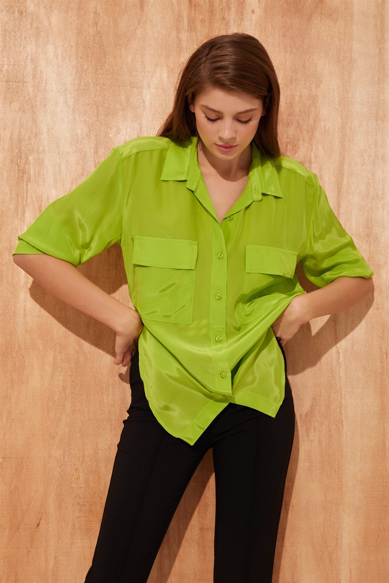 Kadın Fıstık Yeşili Gömlek Yaka Uzun Kollu Düğme Kapamalı Cep Detaylı Gömlek  ST070S55349002 | Setre