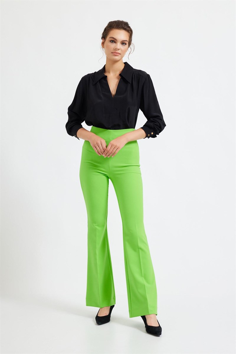Kadın Fıstık Yeşili Yüksek Bel İspanyol Paça Pantolon ST040S20122003 | Setre