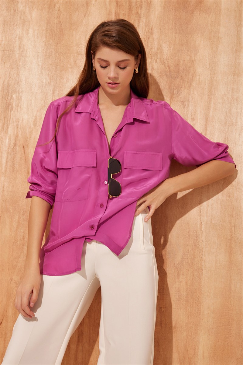 Fuşya Gömlek Yaka  Uzun Kollu  Düğme Kapamalı Cep Detaylı Gömlek Kadın Kategorisiz modelleri