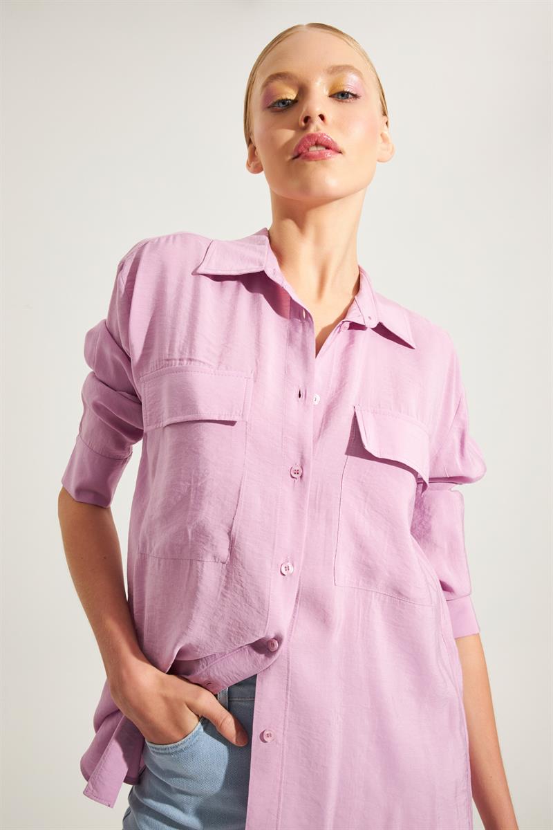Lila Cep Detaylı Uzun Kollu Gömlek  Kadın Gömlek modelleri