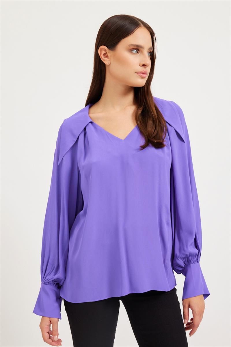 Mor Yaka Detay Rahat Kesim Bluz Kadın Bluz modelleri