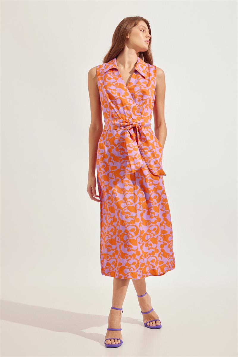 Mor/Oranj Desenli Yaka Detaylı Kemerli Elbise Kadın Günlük Elbise modelleri