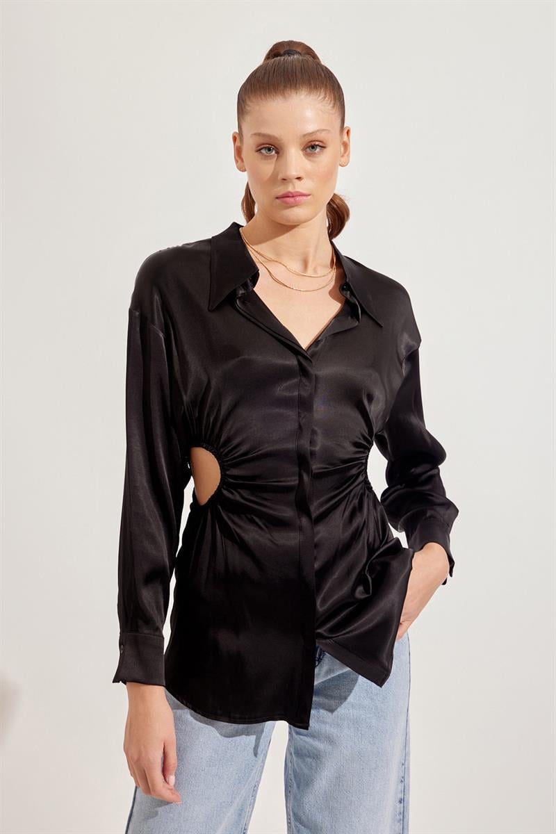 Siyah Büzgü Detaylı Tunik Gömlek Kadın Tunik modelleri