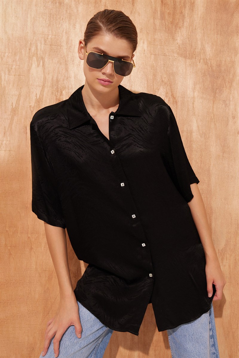 Siyah Rahat Kesim Trend Gömlek Kadın Gömlek modelleri