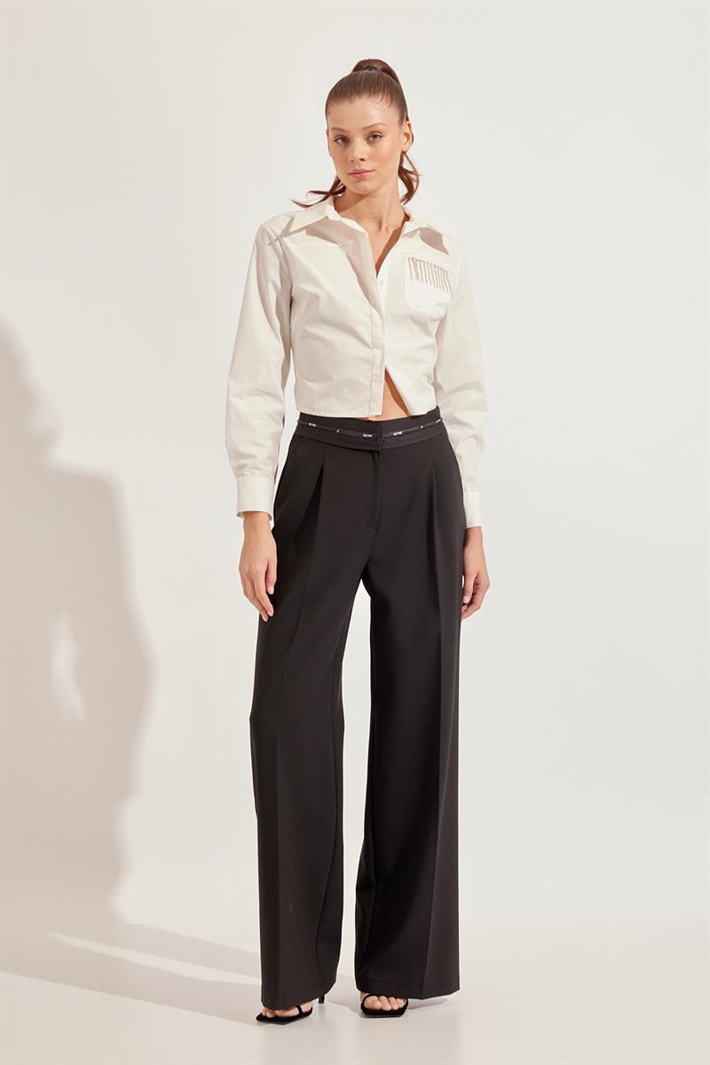 Siyah Tam Bel  Belde Şerit Kemer Detaylı  Cepli Geniş Paça Pantolon Kadın Pantolon modelleri