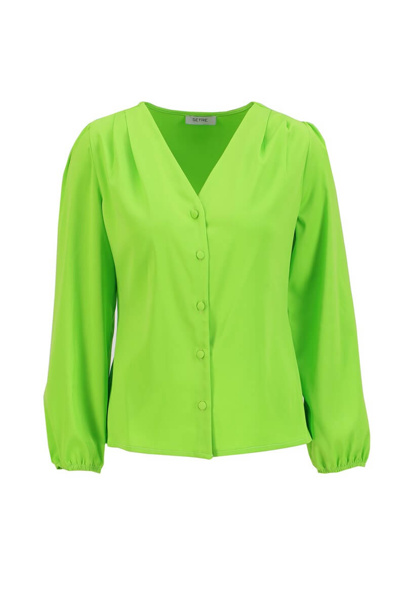 Yeşil Saten Kol Detaylı V Yaka Klasik Gömlek Kadın Gömlek modelleri