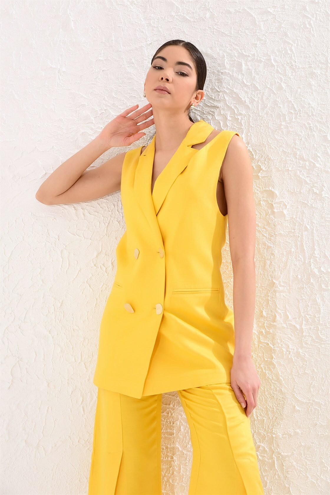 Kadın Sarı Kruvaze Yelek Maxi Paça Pantolon Takım ST050S6003201 | Setre