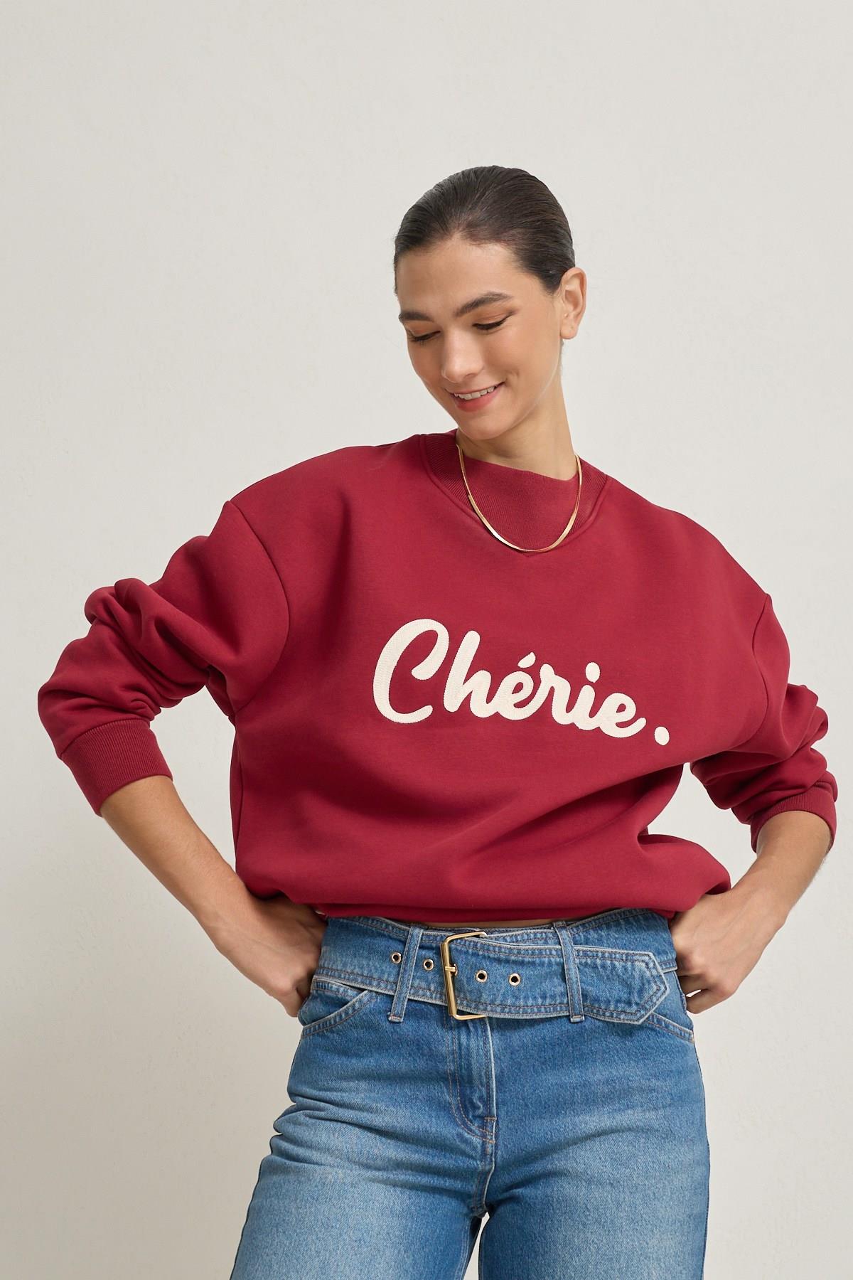 Bordo Cherie Yazılı Oversize Sweatshirt
