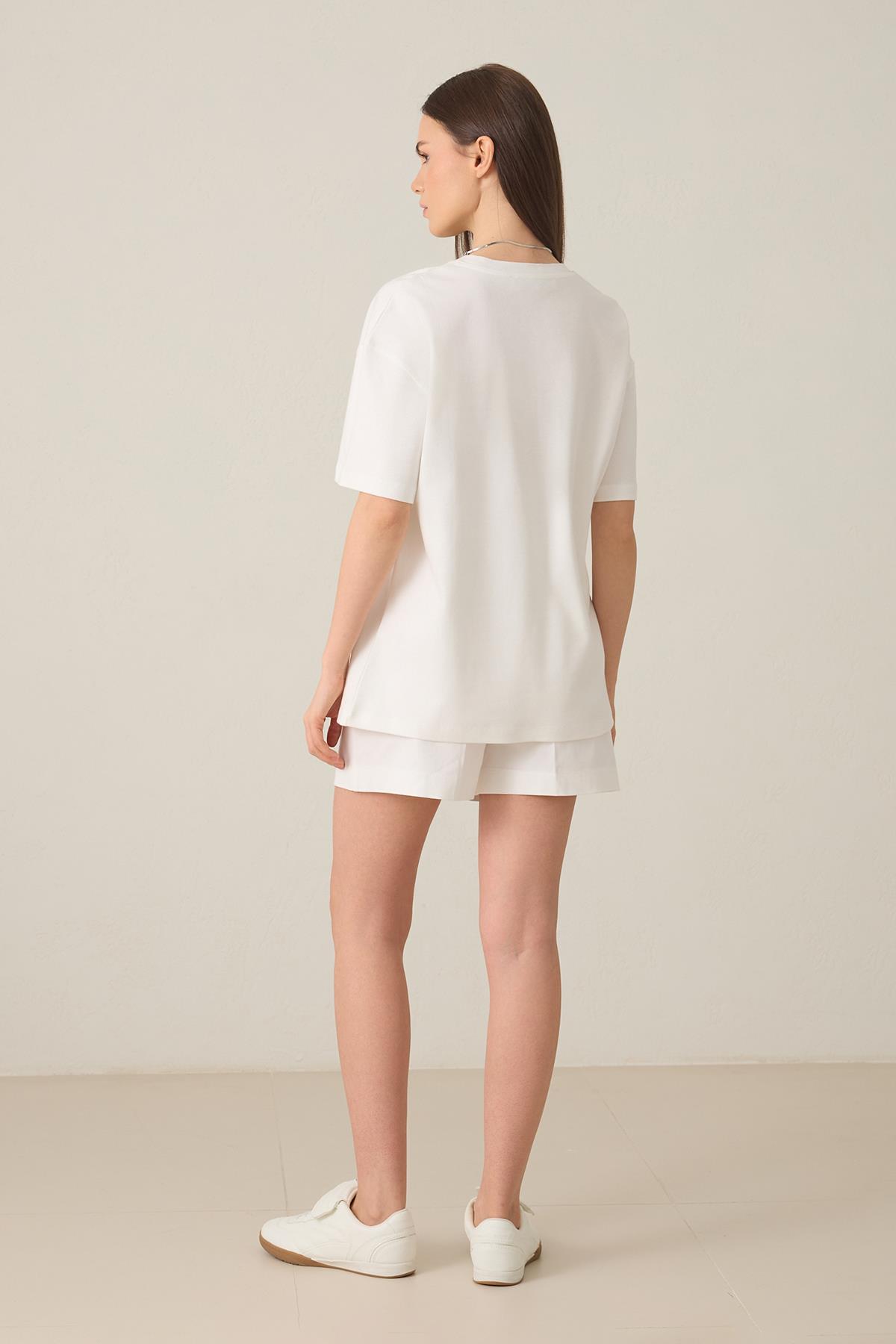 Ekru %100 Pamuklu Bisiklet Yaka Basic Kısa Kollu Oversize T-Shirt · 5
