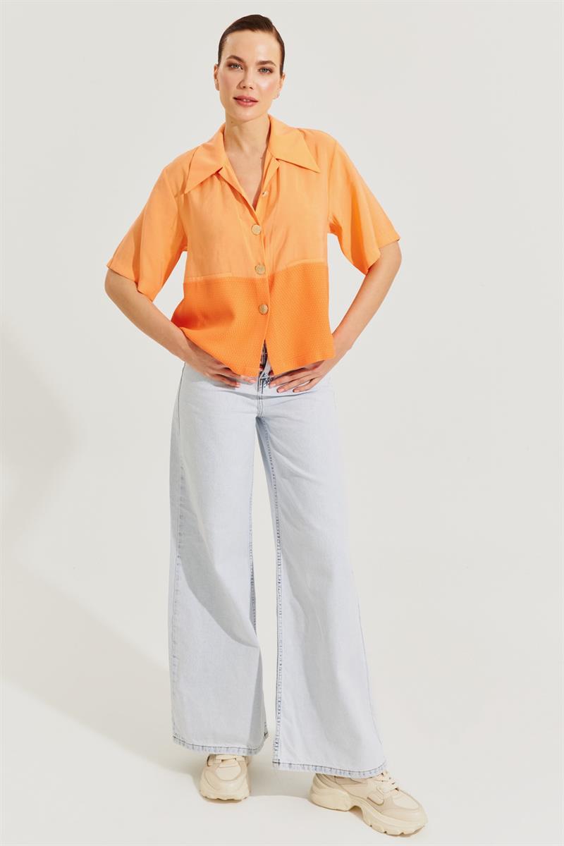 Kadın Oranj Desen Detaylı Kısa Kollu Gömlek ST070S55278001 | Setre