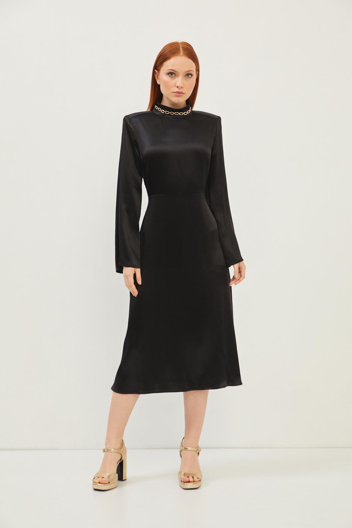 Kadın Siyah Kol Detaylı Saten Elbise ST070W40142201 | Setre