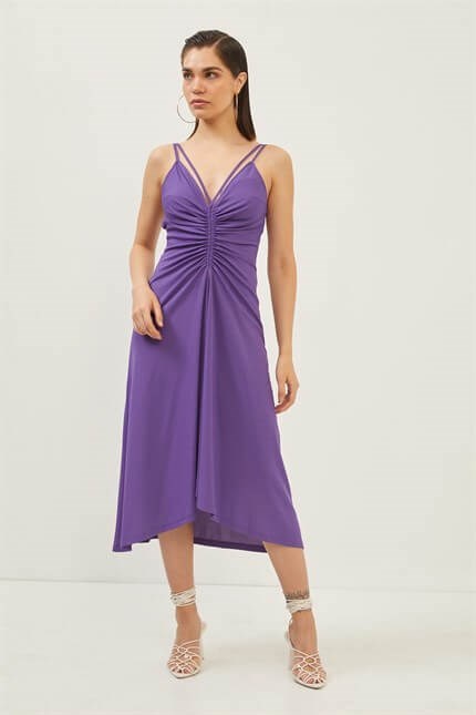 Mor Askılı Drape Detaylı Elbise