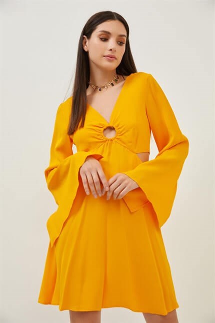 Oranj Cut Out Detaylı Uzun Kol Mini Elbise