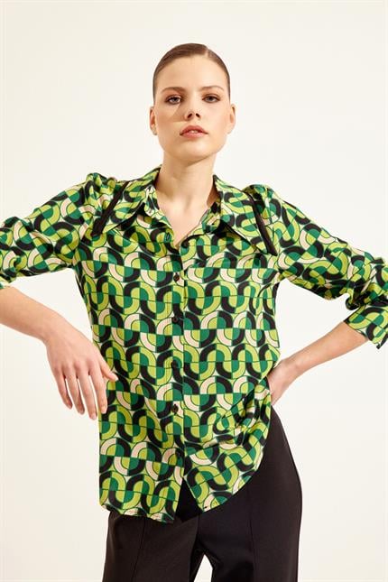 Fıstık Yeşili Gömlek Yaka  Uzun Kollu  Desenli  Yakada Garni Detaylı  Düğme Kapamalı Gömlek Kadın Gömlek modelleri