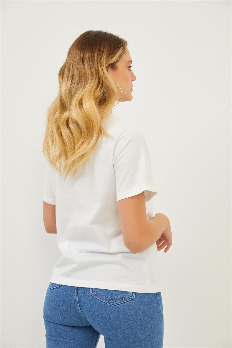 Ekru Bisiklet Yaka Baskılı T-ShirtST070S71286001
