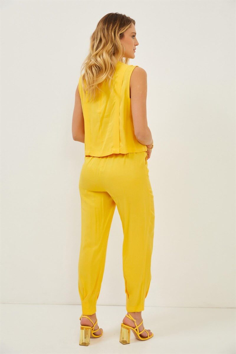 Sarı Saten Kuşaklı Pantolon Bluz TakımST060S30590003