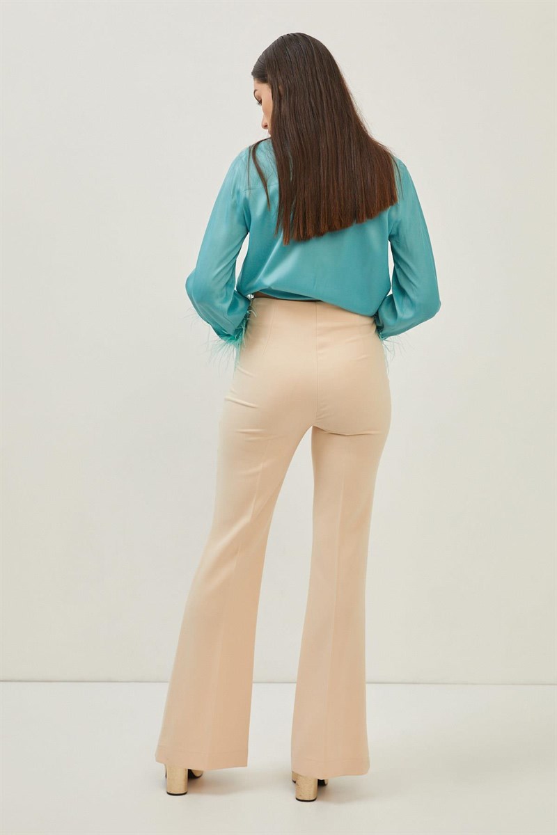 Açık Bej Yüksek Bel İspanyol Paça Pantolon Kadın Pantolon modelleri