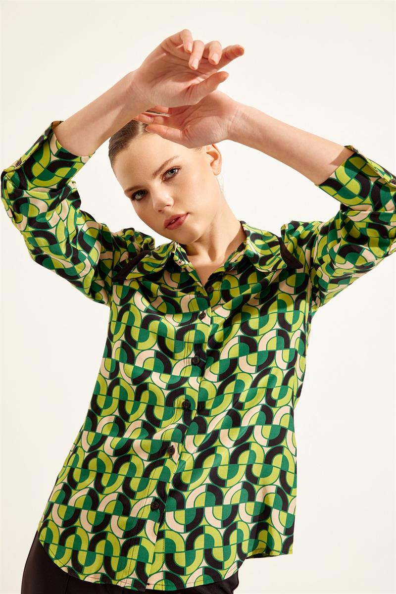 Fıstık Yeşili Gömlek Yaka  Uzun Kollu  Desenli  Yakada Garni Detaylı  Düğme Kapamalı Gömlek Kadın Gömlek modelleri