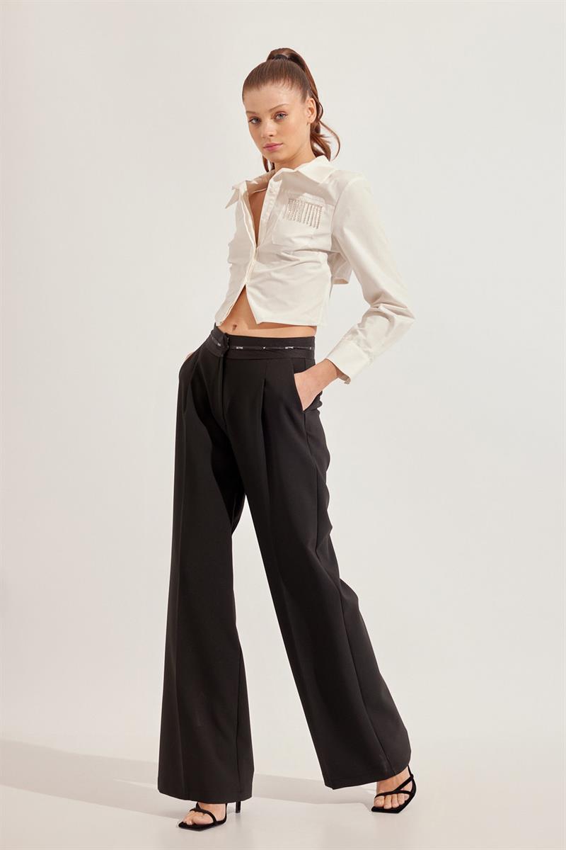 Siyah Tam Bel  Belde Şerit Kemer Detaylı  Cepli Geniş Paça Pantolon Kadın Pantolon modelleri