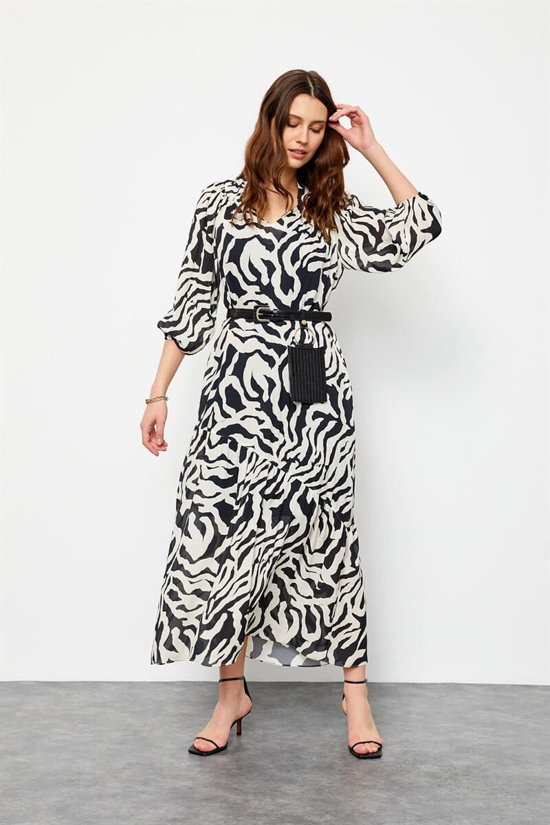 Siyah-Beyaz Modal Rayon Zebra Desenli Çanta Kemerli ElbiseST060S40107501