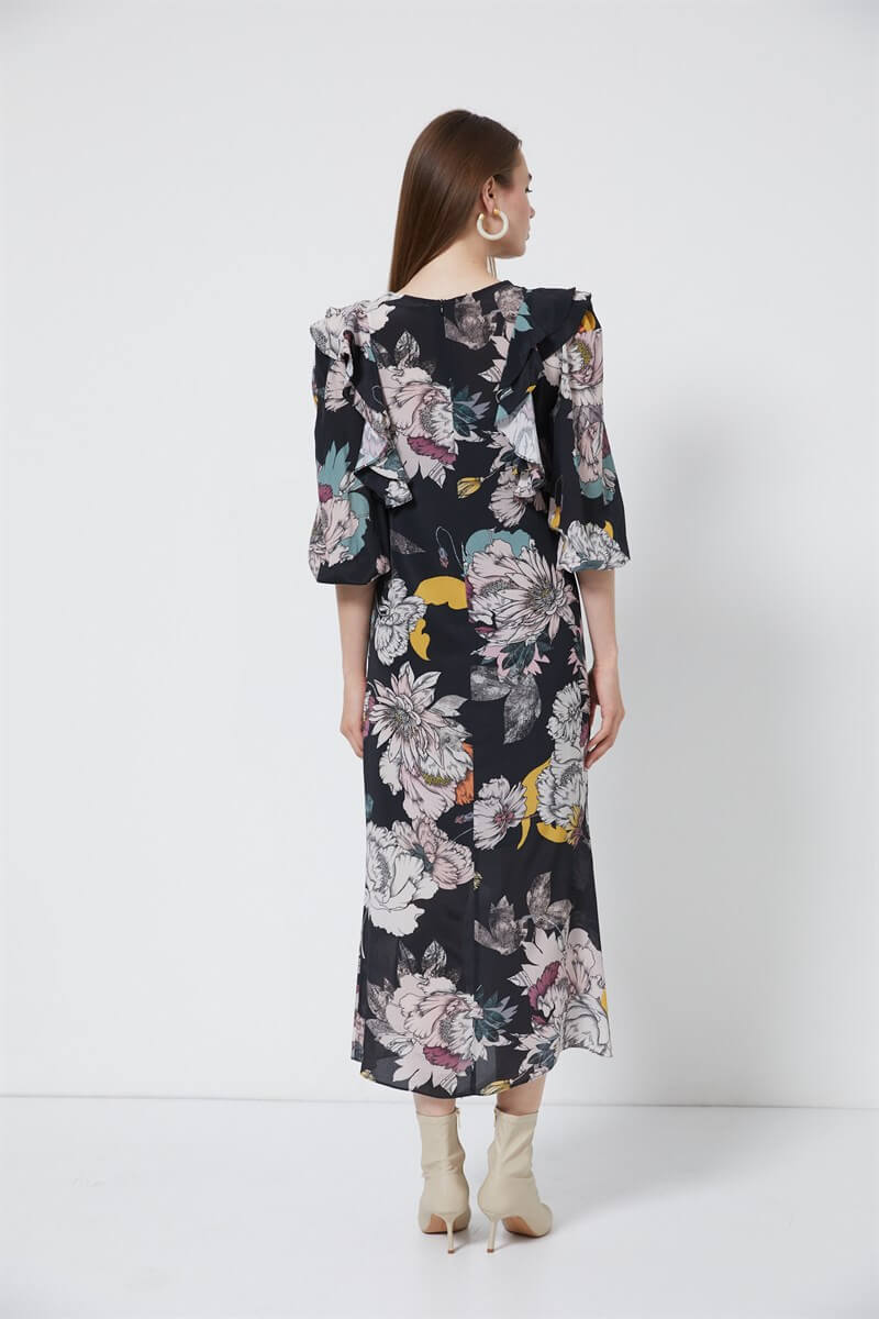 Siyah V Yaka Midi Floral Desen ElbiseST060W40121901