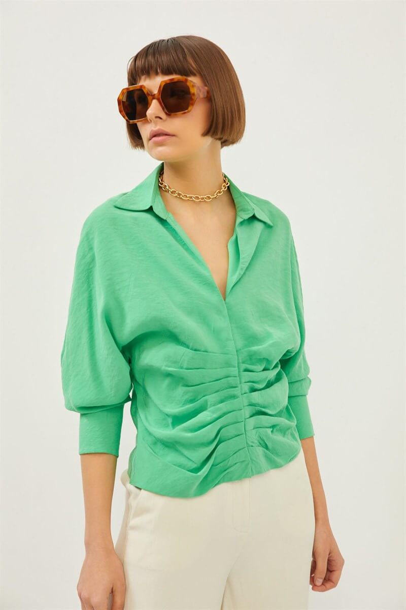 Yeşil Drape Detaylı V Yaka GömlekST070S55282001